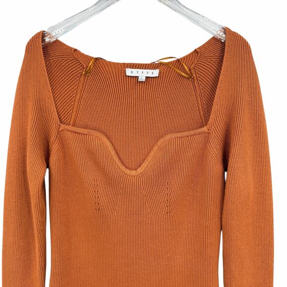 Hyfve Brown Ribbed Knit Sweetheart Neckline Bodycon Long Sleeve Fall Mini Dress - Picture 6 of 12